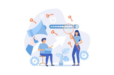 Anahtar kelime araştırma servisi, web sitesi sıralaması, optimizasyon çözümü, başarılı web kampanyası, profesyonel SEO, menü elemanı düz tasarım modern illüstrasyon