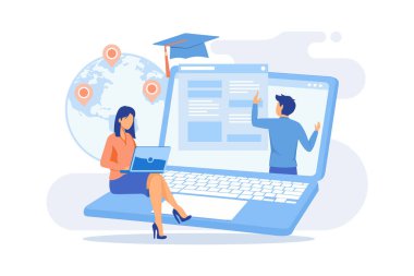 Küresel çevrimiçi eğitim araçları E-öğrenme araçları, İnternet eğitim webinar, dijital kurs, uzaktan eğitim, bireysel öğrenme planı, düz tasarım modern illüstrasyona erişim