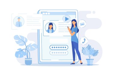 Kayıt sayfası, isim ve parola alanı, form doldur, menü çubuğu, şirket web sitesi, hesap oluştur, kullanıcı bilgisi düz tasarım modern illüstrasyon