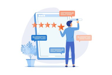 Kullanıcı geribildirimi ve web sitesi derecelendirmesi Müşteri geribildirimi, gözden geçirme web sitesi, ticari olmayan ürün değerlendirmesi, derecelendirme hizmeti, paylaşım deneyimi düz tasarım modern illüstrasyon