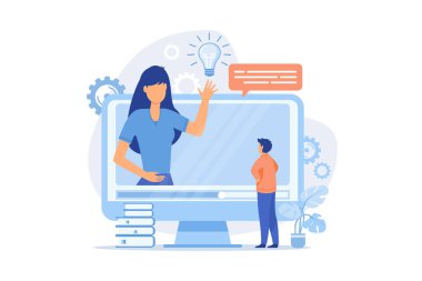 Video öğretim sitesi eğitimi, video günlüğü, çevrimiçi kurslar eğitimi, elearning özel ders, blog yazarı, webinar düz tasarım modern illüstrasyon izleme