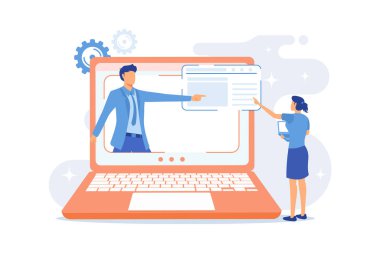 Kimya çevrimiçi dersleri. Biyokimyacı sunumu, fen dersi, e-öğrenme. Laboratuvar çalışanı çizgi film karakteri ilaç araştırmalarını açıklıyor..