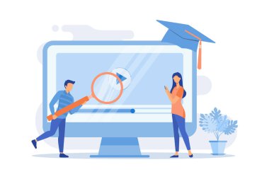 İnternet dersi araştırması. Uzaktan üniversite, eğitim programları, online sınıflar web sitesi. Büyüteç çizgi film karakteri olan lise öğrencisi..
