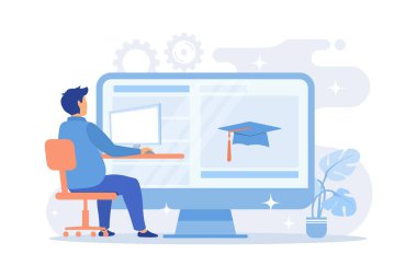 Ders için çevrimiçi hazırlık. İnternet okul ödevi, üniversite ödevi, üniversite online görevleri. Uzak sınıfların web sitesini kullanan genç kadın.