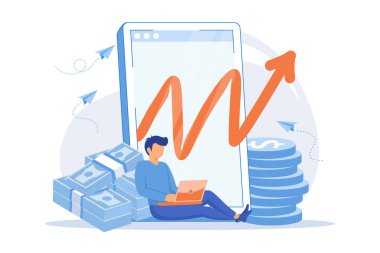 İnternet iş gelirleri. İnternetten para kazanıyorum. Dizüstü bilgisayarla çalışan çizgi film karakteri. Programcı serbest yazar. Kazanç, yatırım, mali başarı.