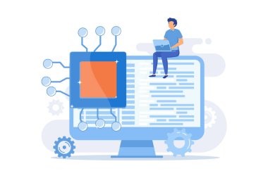 Çevrimiçi veri tabanı, bulut. Veri depolama, bilgi tabanı, bilgisayar uygulaması. Bilgisayar kullanıcısı, operatör çizgi film karakteri. Ekranda bilgi.