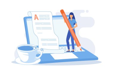 Kopya yazarlığı. Sosyal medya paylaşımı, içerik pazarlaması, internet reklamı. Reklamcılık için çizgi film karakteri metni. Promosyon stratejisi. Vektör illüstrasyonu