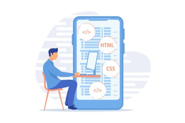 Mobil uygulama geliştirme. Dil programlama. CSS, HTML, IT, UI. Erkek programcı çizgi film karakteri geliştirme web sitesi, kodlama. Vektör illüstrasyonu