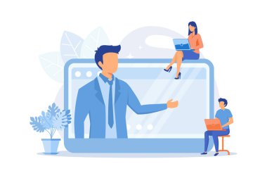 İnternet konferansı. Çevrimiçi interaktif seminer dinleyen insanlar, bilgisayar ekranında konferans verenler. Web konferansı, web yayını, webinar, e-öğrenme. Vektör illüstrasyonu