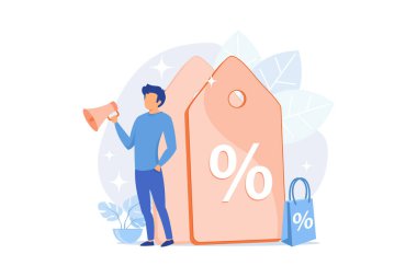 Satış promosyonu çizgi film web ikonu. Pazarlama stratejisi, indirim reklamları, indirim teklifleri. Düşük fiyatlı fikir. Giriş izni satışı, müşteri eğlencesi. Vektör illüstrasyonu