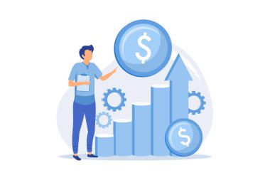 Satış artışı. Ticaret analizleri, kâr analizleri, iş analistleri. Pazarlama planı. Marketolog elinde karikatür karakteri tutuyor. Vektör illüstrasyonu