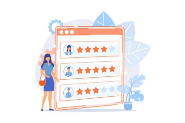 Sadakat yıldızları. Müşteri ve kullanıcı değerlendirmeleri. Web sitesi sıralama sistemi, olumlu geri bildirim, oyları değerlendirmek. Kişisel profilleri sıralanmış bir web sayfası. Vektör illüstrasyonu