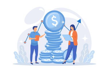 Gelir artırma stratejisi. İşletme yönetimi, borsacılar istatistikler, finansörler hava durumu. Finansal pazar uzmanları büyüme hızlarını analiz ediyorlar. Vektör illüstrasyonu