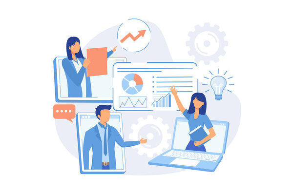 Технические темы презентации, вебинары, живая демонстрация, онлайн-презентация, веб-сессия, виртуальная коммуникация плоский дизайн современной иллюстрации