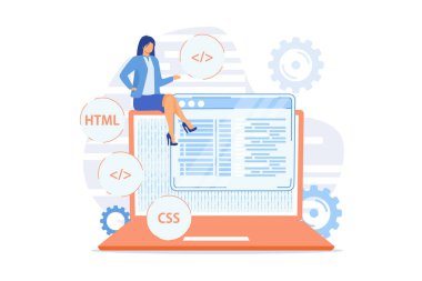 Css ve HTML programlama dilleri. Bilgisayar programlama, kodlama, bilgi işlem. Kadın programcı çizgi film karakteri. Yazılım, web sitesi geliştirme. Vektör illüstrasyonu