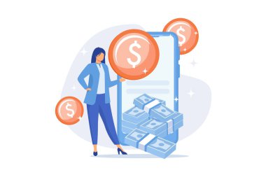 Çevrimiçi bankacılık teknolojisi. Cüzdan, ödeme, internet uygulaması. Para internet akıllı telefon uygulamasını geri çekiyor. Paraya çevirme, ekommerce tasarım elementi. Vektör illüstrasyonu