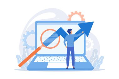 Yazılım testi. Hata bulma, hatalar, yazılım optimizasyonu. Programlama, geliştirme, kodlama. Programcı, SEO uzman çizgi film karakteri. Vektör illüstrasyonu