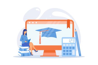 Matematik online kursu. Ekonomi üniversitesi, internet dersleri, muhasebe dersleri. Muhasebe ve matematik kitapları dijital arşiv. Vektör illüstrasyonu.