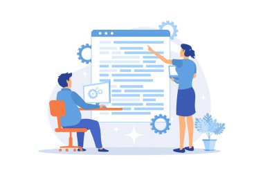 Bilgisayar bilimi kursları. Bilişim eğitimi, öğrenme fırsatları, teknoloji. Çevrimiçi öğrenme ve internet atölye yöneticisi mesafesi. Vektör illüstrasyonu