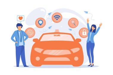 İşadamı, akıllı teknoloji ikonlarının olduğu otonom sürücüsüz arabaları sever. Otomatik sürüş, otomatik sürüş, gelecekteki ulaşım sistemi konsepti. vektör illüstrasyonu