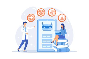 Tıbbi sohbet robotu hastaya sağlık danışmanlığı veriyor. Chatbot sağlık hizmeti, yapay zeka bakıcısı, isimsiz danışma konsepti. vektör illüstrasyonu