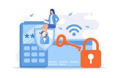 Giriş kartında anahtar, kilit ve koruma kalkanı olan bir kadın. Elektronik açılış sistemi, güvenlik sistemi, otomatik giriş kartı konsepti. Vektör illüstrasyonu