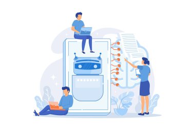 Programcılar sohbet robotu zekasını ve beynini devre ile test ediyorlar. Chatbot Turing testi, akıllı davranış, insansı tepki konsepti. vektör illüstrasyonu
