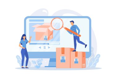 Büyüteci olan blogcular yeni satın alma videosuyla kutunun içine bakıyorlar. Kutu açma videosu, ürün incelemesi video vektör illüstrasyonu
