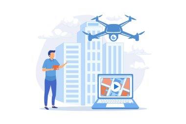 Kuş bakışı pozisyon. Canlı yayın dron, uçuş. Hava videosu, profesyonel hava vektörü illüstrasyonu