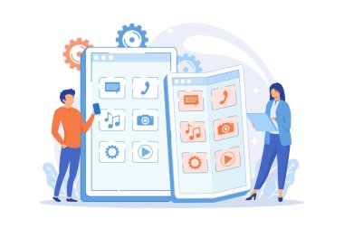 Küçük iş adamları esnek ekranlı akıllı telefon kullanıyor. Katlanabilir akıllı telefon, esnek elektronik cihazlar vektör çizimi