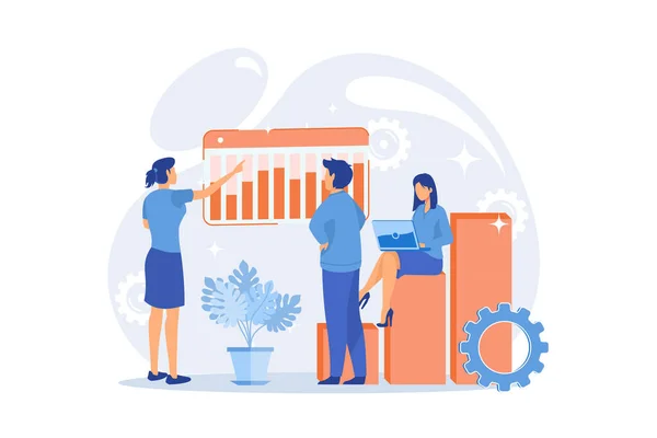 İş yenilikleri sunumu. Analitik rapor, istatistik tablosu, forkflow. Analistler ve ekip lideri çizgi film karakterleri büyüyen grafiğin üzerinde duruyorlar. Vektör illüstrasyonu