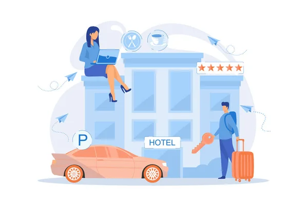 Empresários Hotel Usam Todos Serviços Incluídos Alojamentos Hotel Com Tudo —  Vetores de Stock