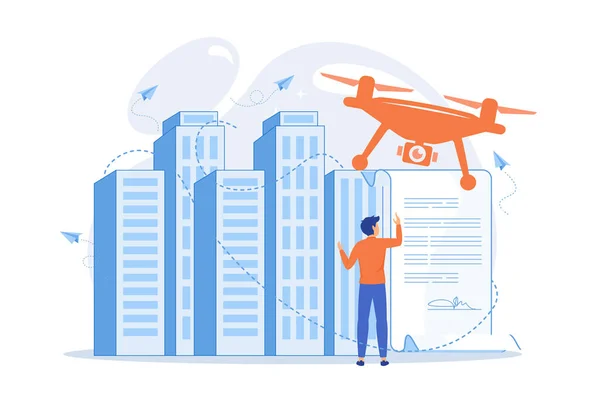 Homme Affaires Avec Drone Lisant Document Avec Les Règlements Règlement — Image vectorielle