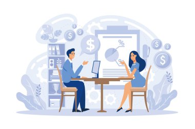 Havaya yükselen finansal yöneticiler, madeni paralar, diyagramlar. Para tasarrufu, kişisel finans danışmanlığı, yatırım yönetimi. Hizmet tanıtımı için modern düz vektör illüstrasyonu.