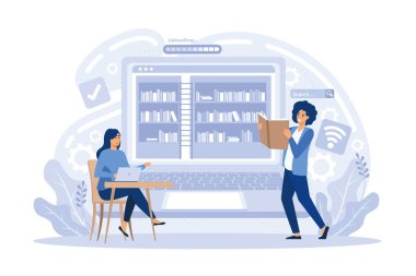 Online video eğitimi konseptiyle evde online eğitim ve E-öğrenim. İnsanlar çevrimiçi okuma ve çevrimiçi kütüphane için bilgisayar kullanıyor. düz vektör modern illüstrasyon