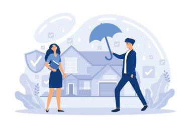 Mal varlığının korunması metaforu, finansal garanti kavramı. Ev, araba ve sağlık sigortası başvurusu. Kazalar ve riskler için güvenlik. düz vektör modern illüstrasyon