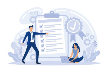 İş adamları kalite kontrol standartlarını karşılıyor ve uluslararası sertifika düz vektör illüstrasyonu alıyorlar