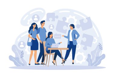 İş toplantısı başarılı takım çalışması metaforu. Çalışan merkezli ve ortak merkezli iş, işbirliği, beyin fırtınası, tartışma fikri. Ortak girişimi. Stratejik ortaklık, İllüstrasyon