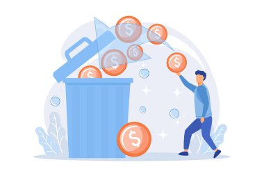 Harcanan paralar, çöpe atılan paralar. Para israfı, karsız yatırım, kötü mali yönetim. Finansal iflas, birikimlerini kaybeden adam. düz vektör modern illüstrasyon