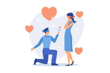 Genç bir adam ve bir kadın tanışma randevusunda. Romantik sürpriz, şehvetli duygular, gözleri bağlı aşıklar. Erkek arkadaşın kız arkadaşına çiçek veriyor. düz vektör modern illüstrasyon