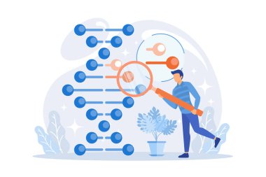 Genom modifikasyonu, DNA dizisi değişikliği. Gelecek bilimi, biyoteknoloji çalışması, biyomühendislik tasarım elementi. Genetik yapı analizi. düz vektör modern illüstrasyon