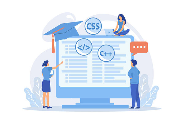 Изучение языков программирования. Курсы программирования, курсы разработки веб-сайтов, написание сценариев. Персонажи мультфильмов программистов. Плоский вектор современной иллюстрации