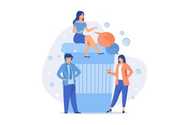 Genç yetişkinler, işten ayrılan meslektaşlar. Arkadaş toplantısı, iş arkadaşlarıyla iletişim, dostça sohbet. İnsanlar kahve içip konuşuyorlar. düz vektör modern illüstrasyon