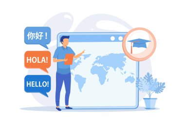 Yabancı diller çeviriyor. Dil bilimi, makine çevirisi, üniversite öğrencileri değişim programı. Dil öğrenme kursları. Vektör illüstrasyonu