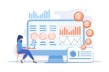 Bilgi ve raporları bilgisayarda birleştiren veri analisti. Finansal veri yönetimi, finansal yazılım, dijital veri raporu kavramı. vektör illüstrasyonu