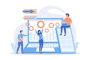 Test ve geliştirici dizüstü bilgisayar ve tabletle çalışıyor. Çapraz platform hata kurma, hata tanımlama ve beyaz arka planda test ekibi konsepti. vektör illüstrasyonu