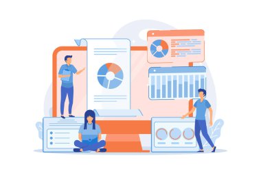 İş analistleri bilgisayar ekranında fikir yönetimi yapıyor. Yenilik yönetimi yazılımı, beyin fırtınası araçları, yenilik bilişim kontrol kavramı. vektör illüstrasyonu