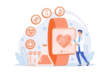 Doktor ve kalp ve tıbbi ikonları olan ukala. Smartwatch sağlık takip cihazı ve sağlık monitörü, aktivite izleme vektörü çizelgesi