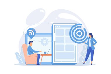 Akıllı telefondaki web uygulaması üzerinde çalışan geliştirici, kullanıcı çevrimdışı, küçük insanlar. Gelişen web uygulaması, çevrimdışı web vektör çizimi