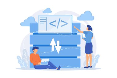 Büyük veri teknolojisiyle çalışan iki geliştirici. Büyük veri yönetimi ve depolama, veritabanı analizleri ve tasarım vektörü illüstrasyonu